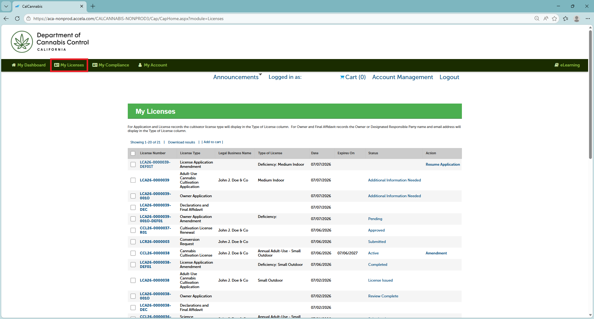 The My Licenses page showing a list of license records and their status