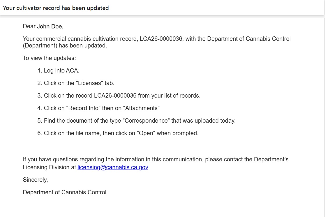 Email notice that the cultivator record has been updated and gives steps to view the attached correspondence documents