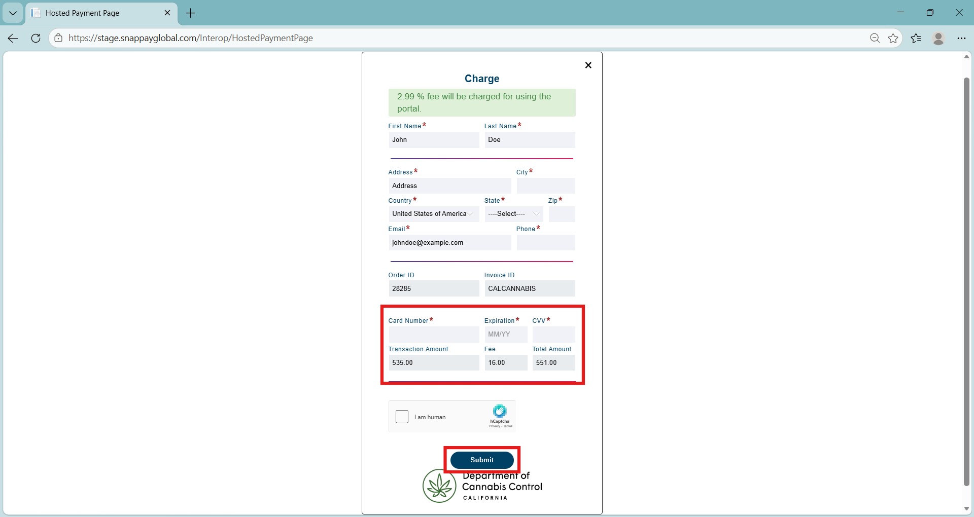 Credit card payment form showing the application fee, card details, transaction amount, fee, and Submit button