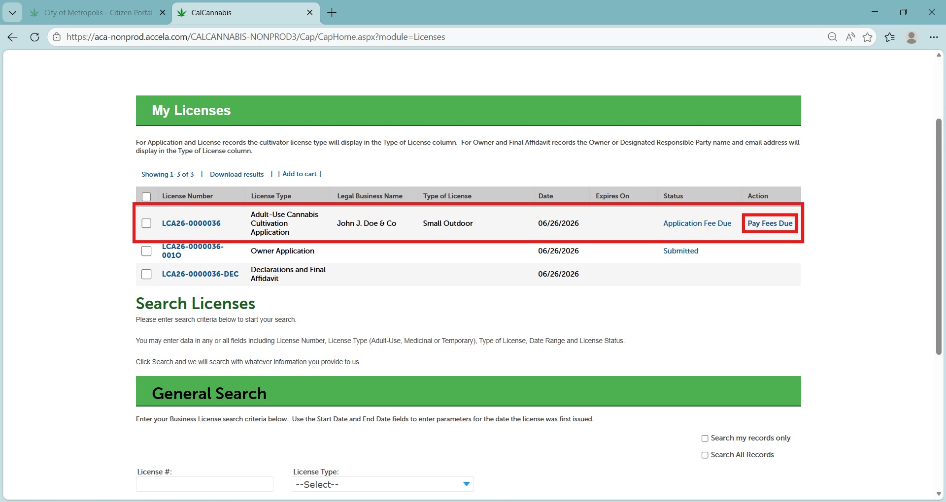 Screenshot of the My Licenses list showing the application status as Application Fee Due and the Pay Fees Due link