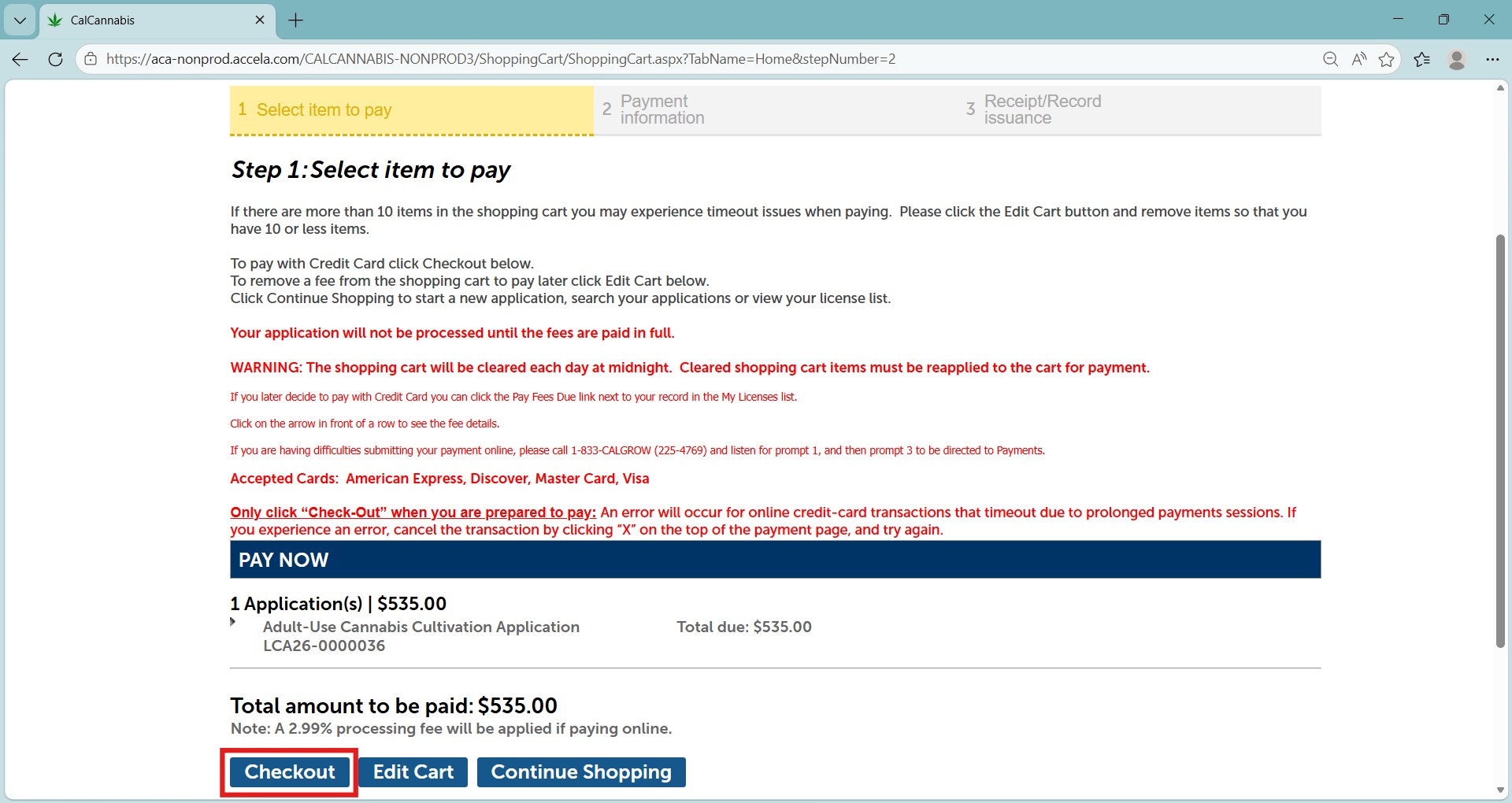 Cart screen showing the application fee with a Checkout button