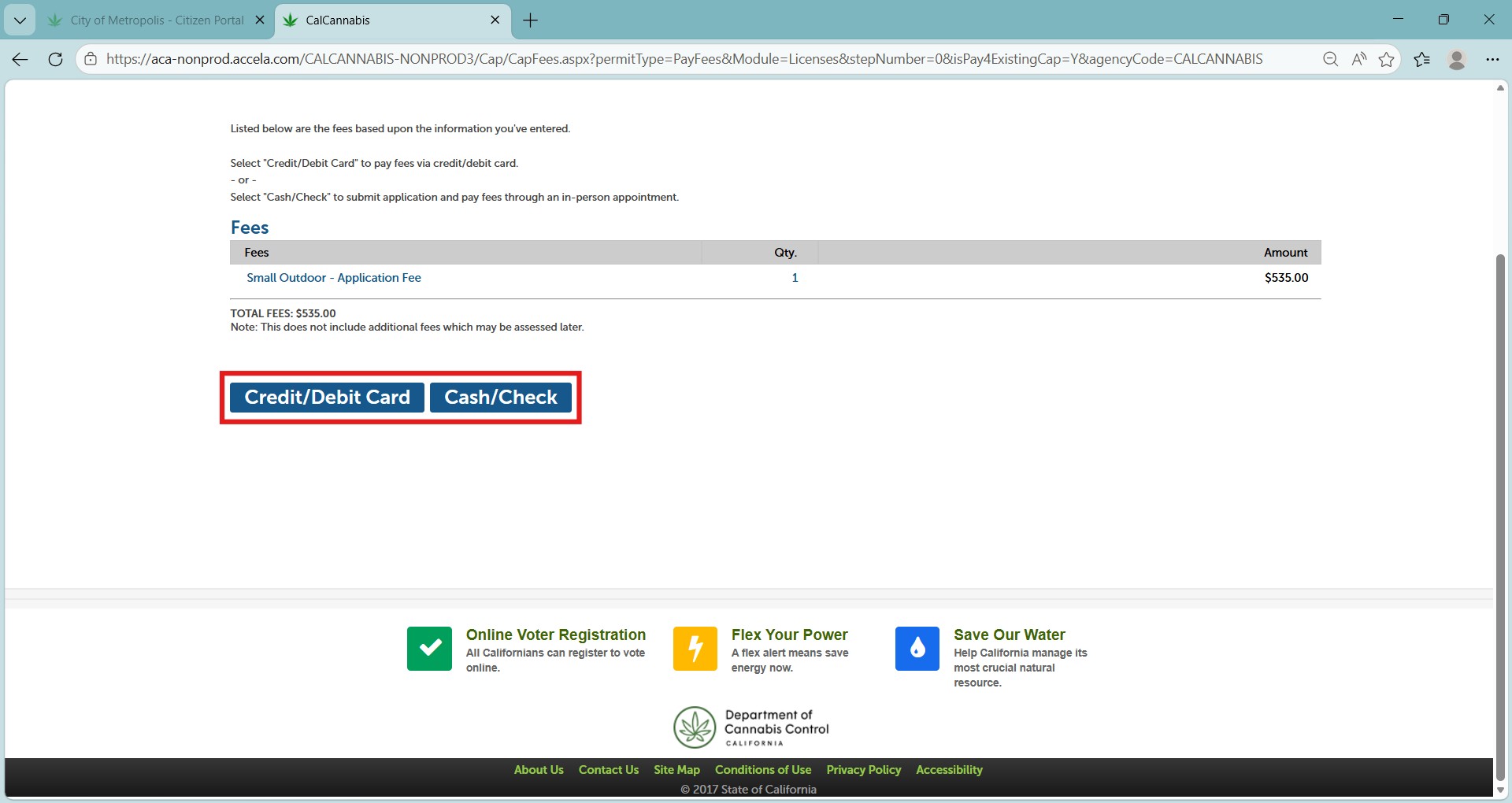 Application fee screen with Check Out and Cash Payment options