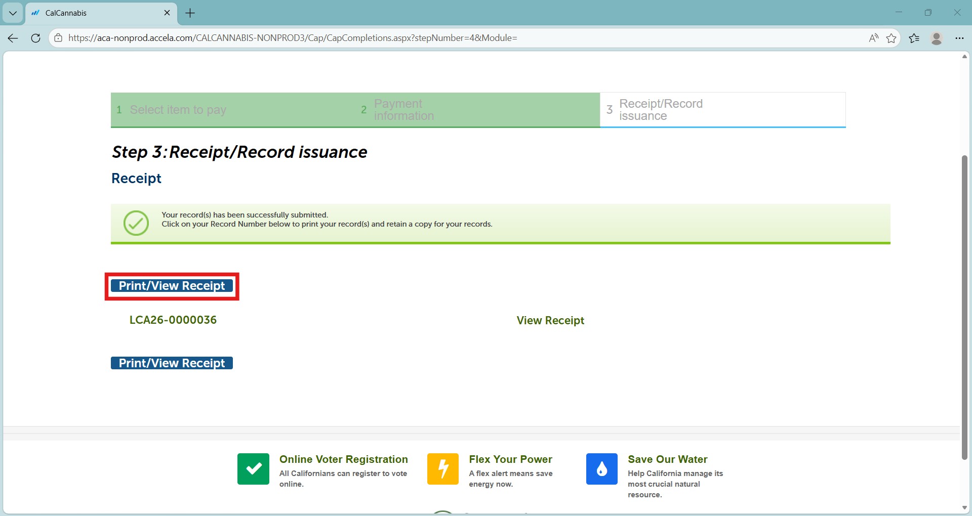 Receipt of payment showing the application fee, payment method, and total amount paid