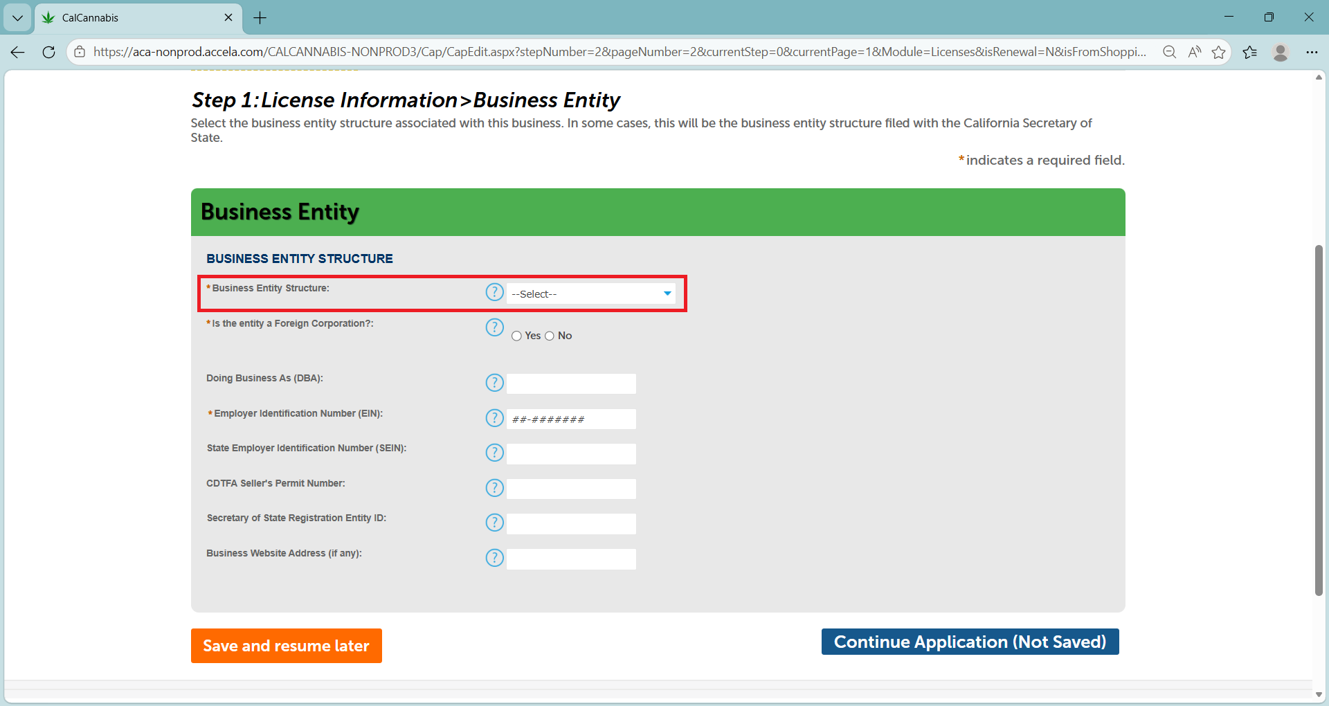 Business entity structure dropdown for the application