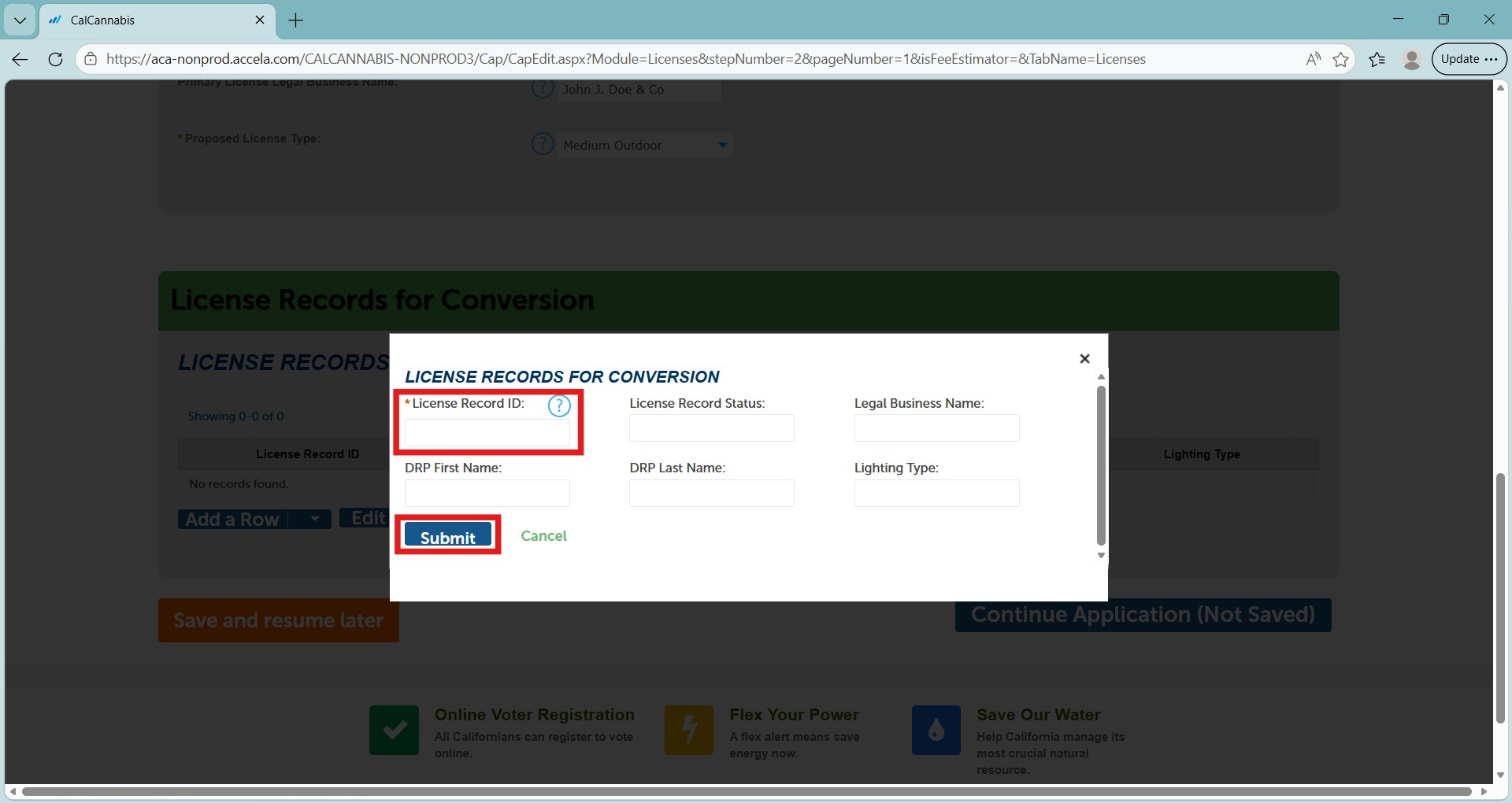 License records for conversion form with multiple license record ID fields and Submit button highlighted.