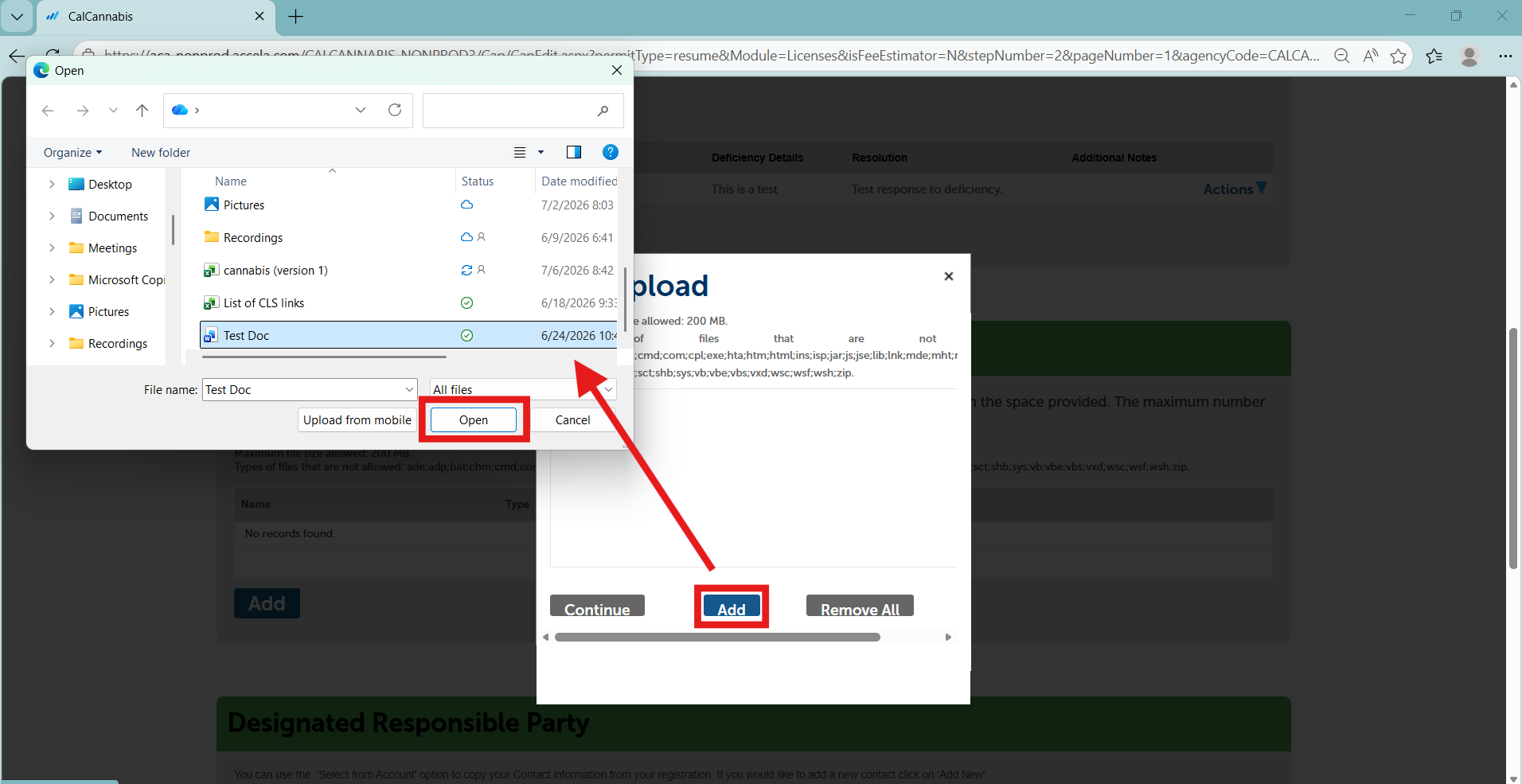 File Upload dialog with Add, Continue, and Remove All buttons