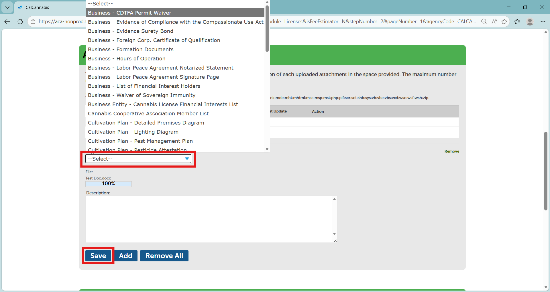 Attachment section showing an uploaded document with a Type dropdown and Save button