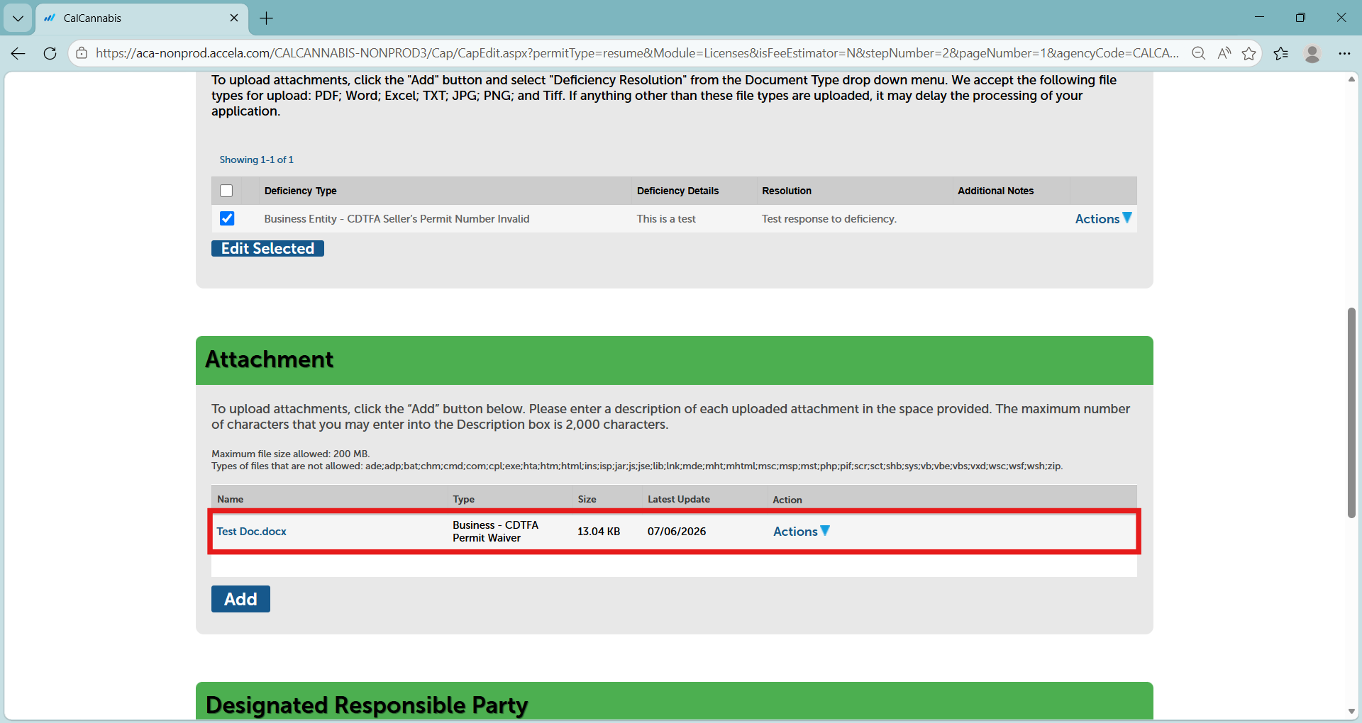 Attachment section showing an uploaded file, Surety Bond.pdf, with type, size, date, and an Add button