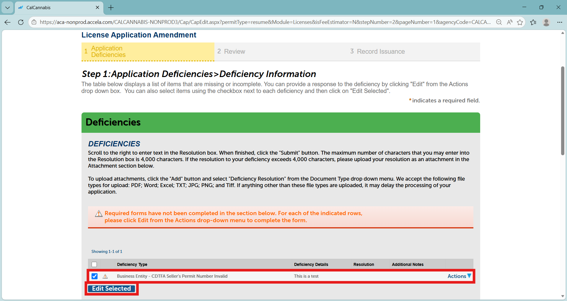 Deficiencies list for a license application amendment, including a surety bond deficiency to be corrected