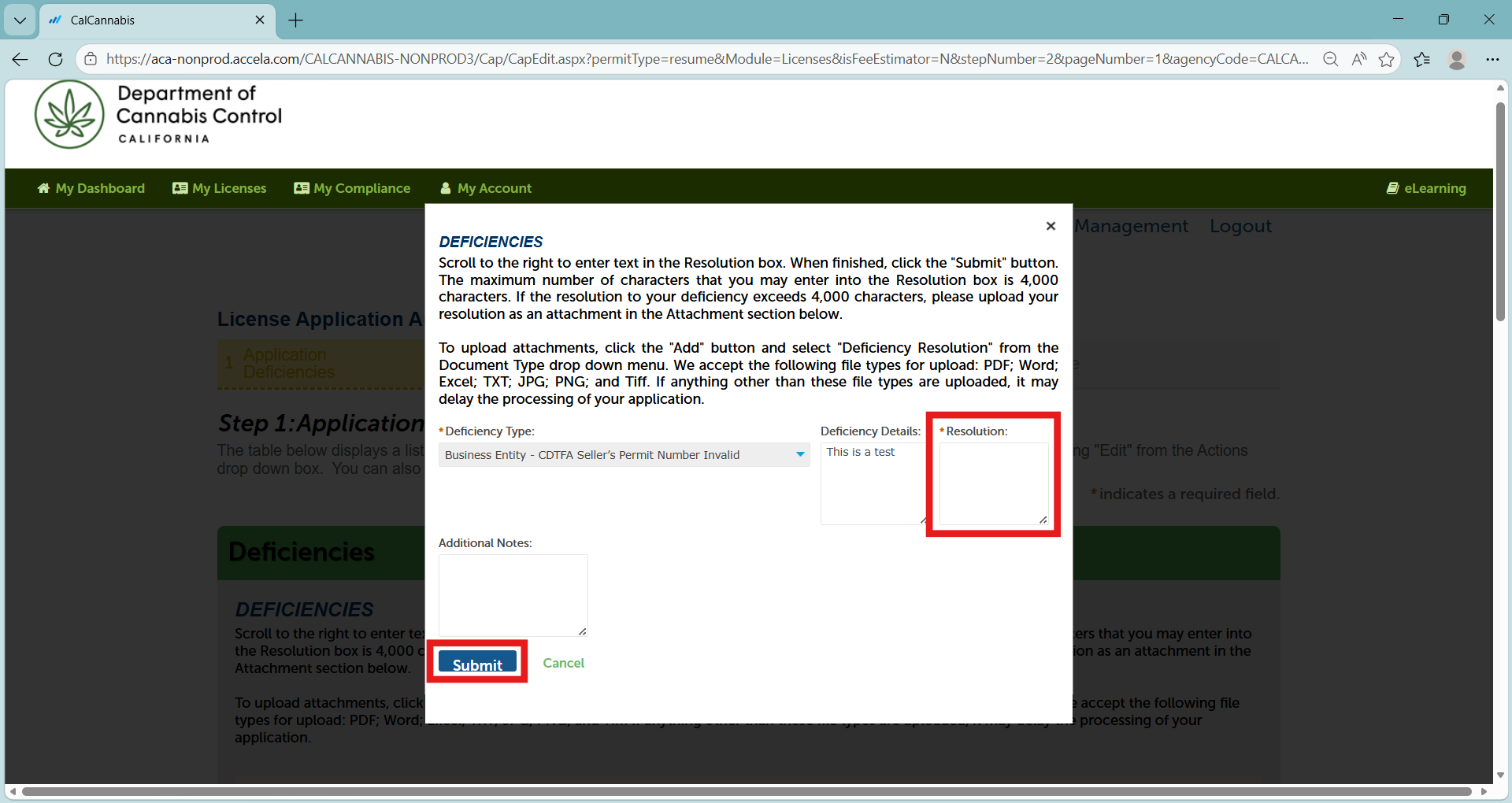 Deficiencies pop-up with a Resolution text box and Submit button