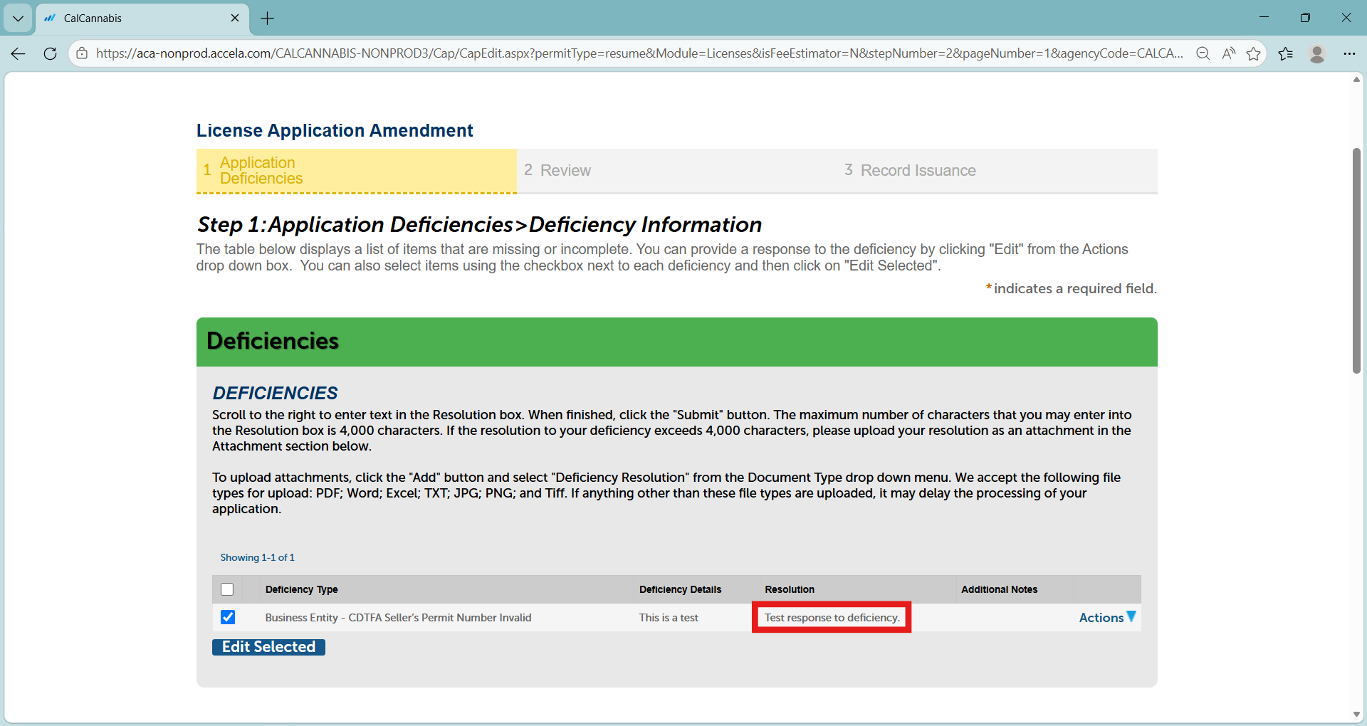 Deficiencies list with an Edit Selected button and a resolution response shown for a selected deficiency