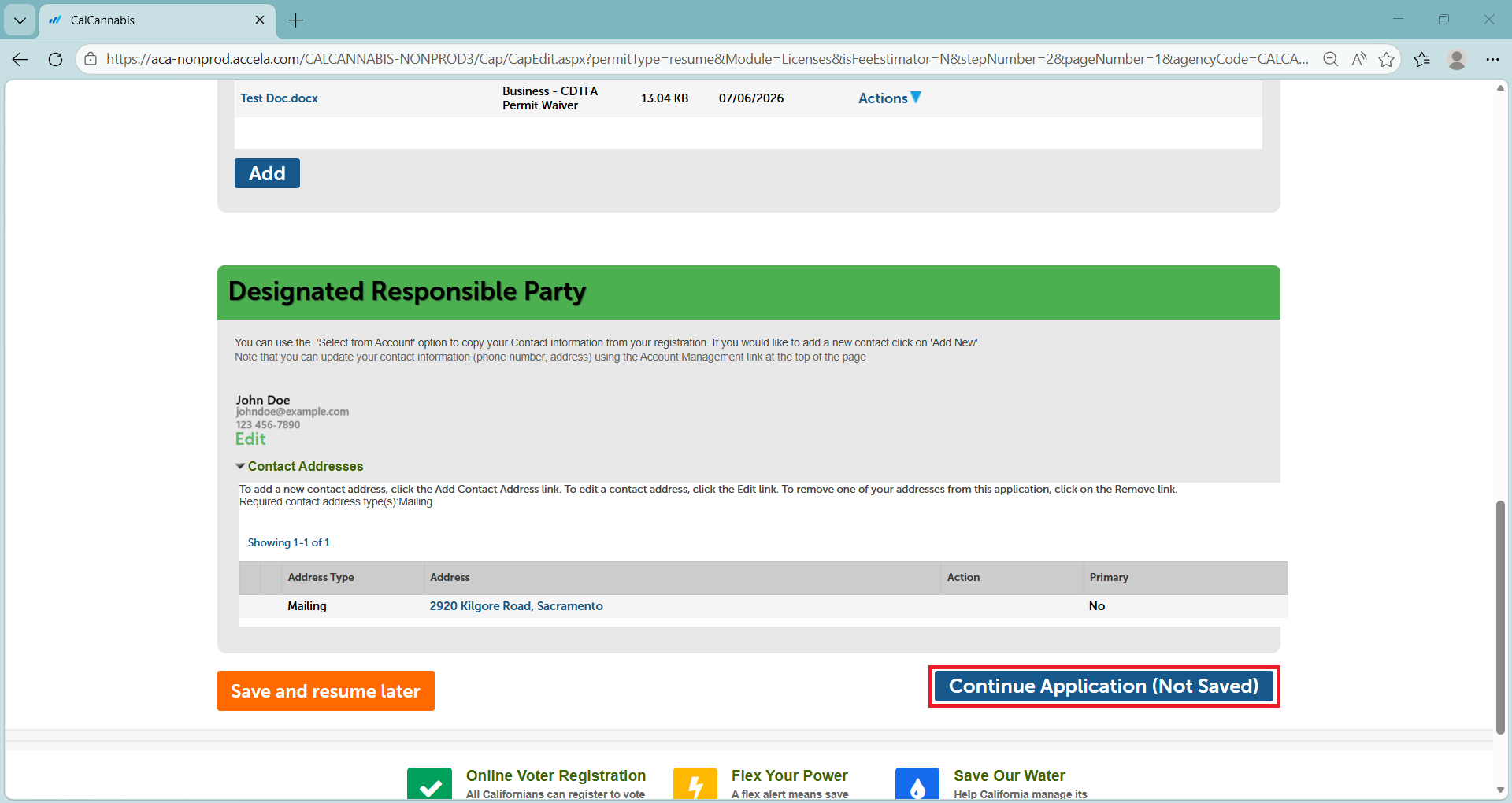 Designated Responsible Party section with contact information and a mailing address