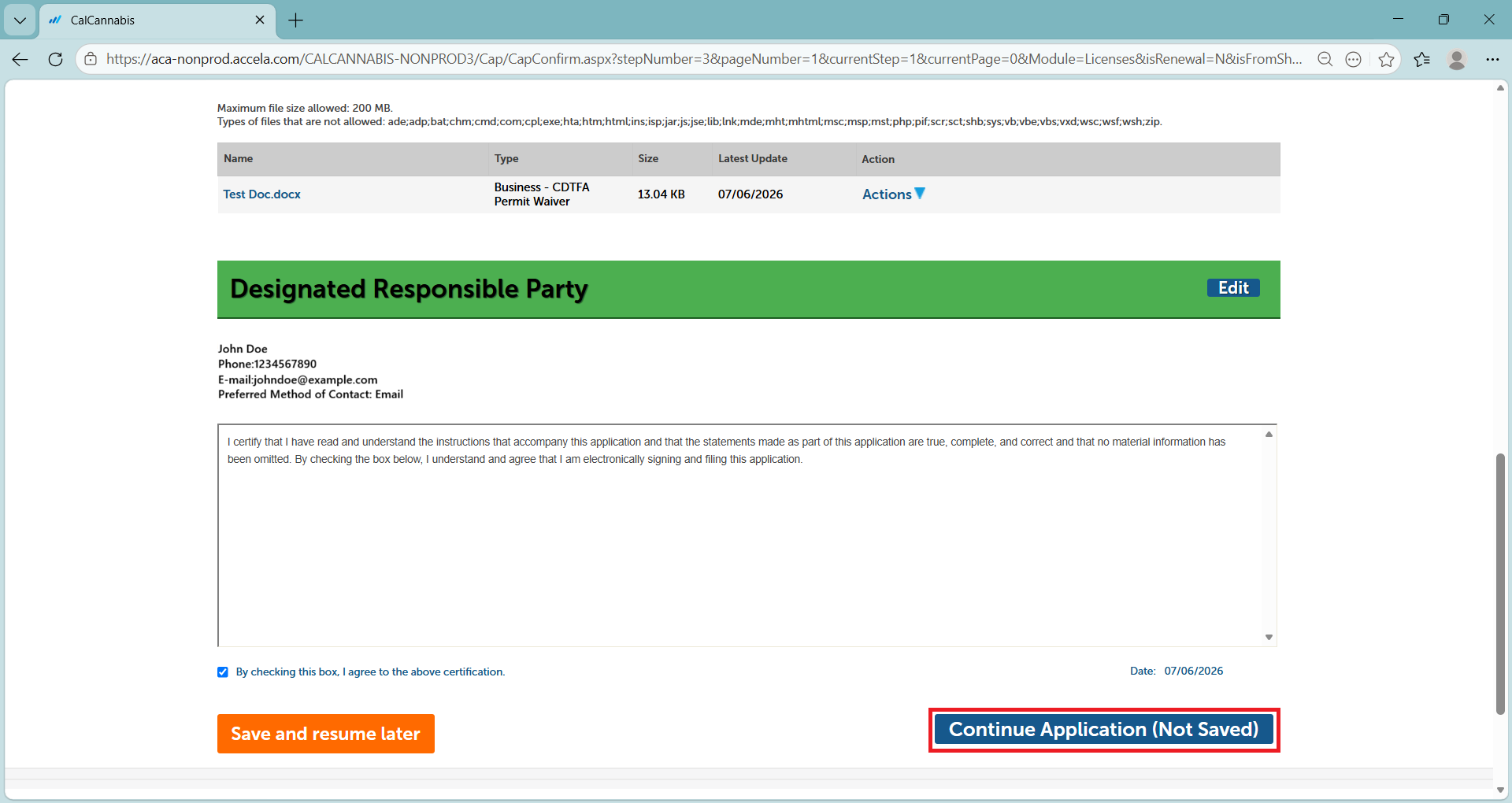 Designated Responsible Party certification screen