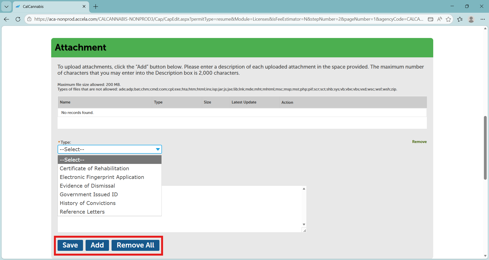 Attachment section showing uploaded files with a Type dropdown and Save, Add, and Remove All buttons