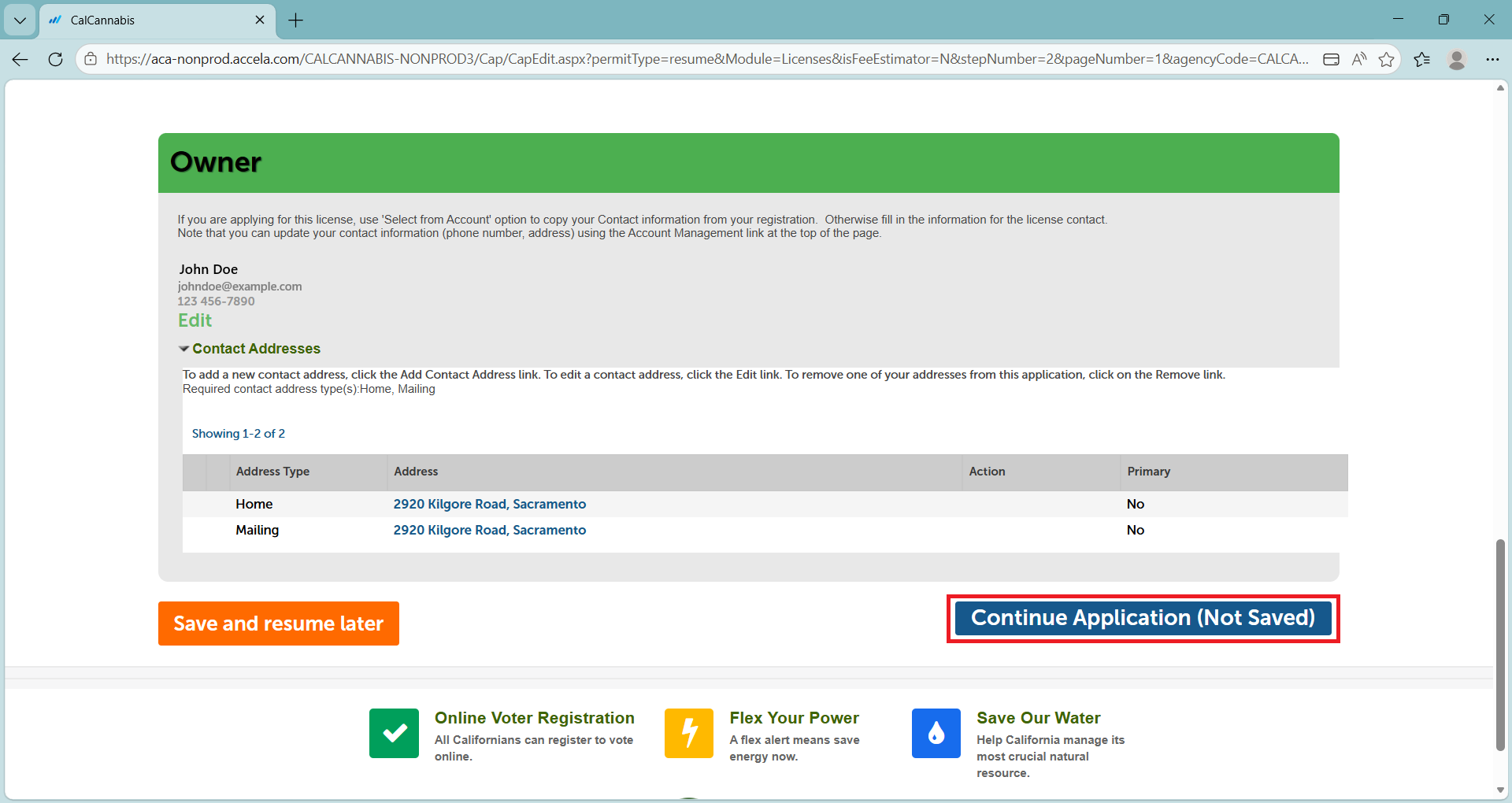 Owner contact information section with Continue Application button