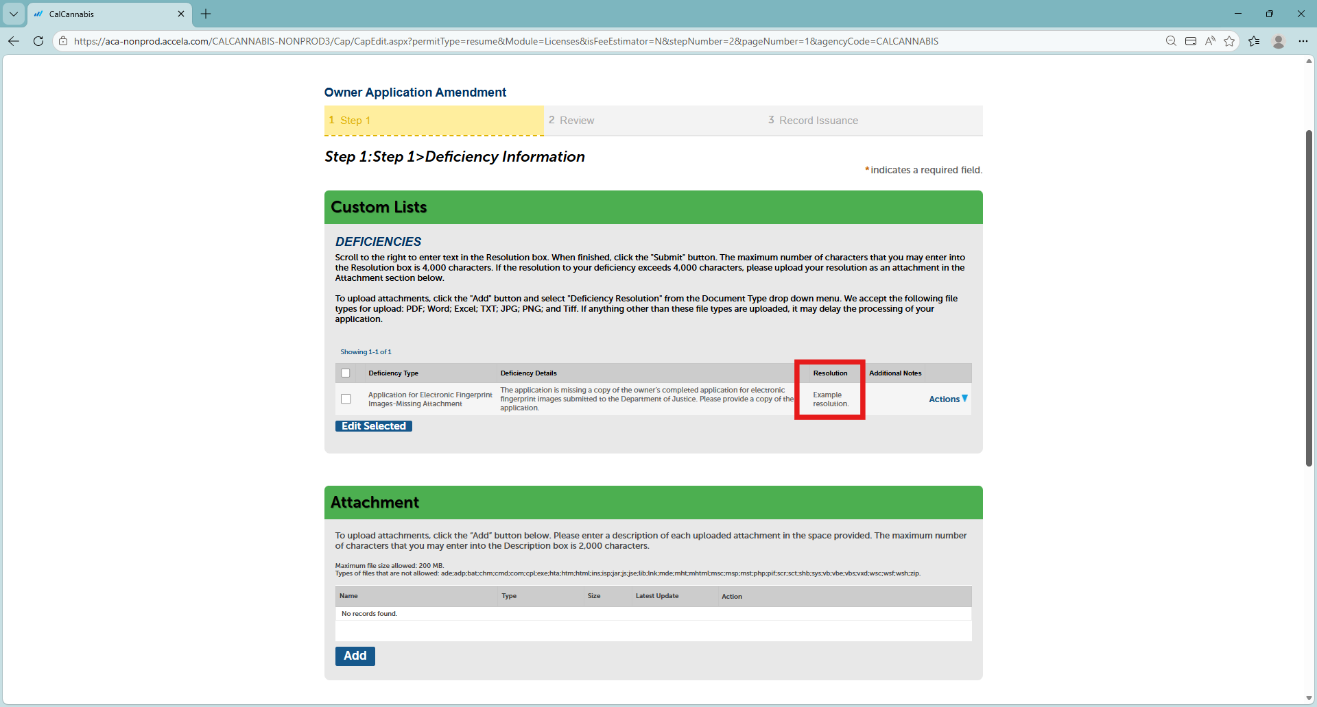 Enter a resolution explaining the requested document is attached