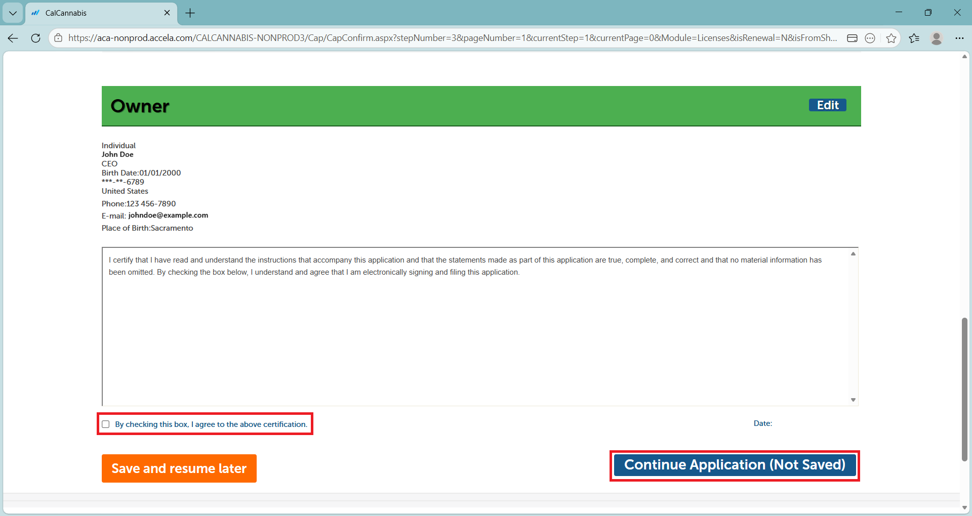 Owner application review screen with a certification checkbox and Continue Application button