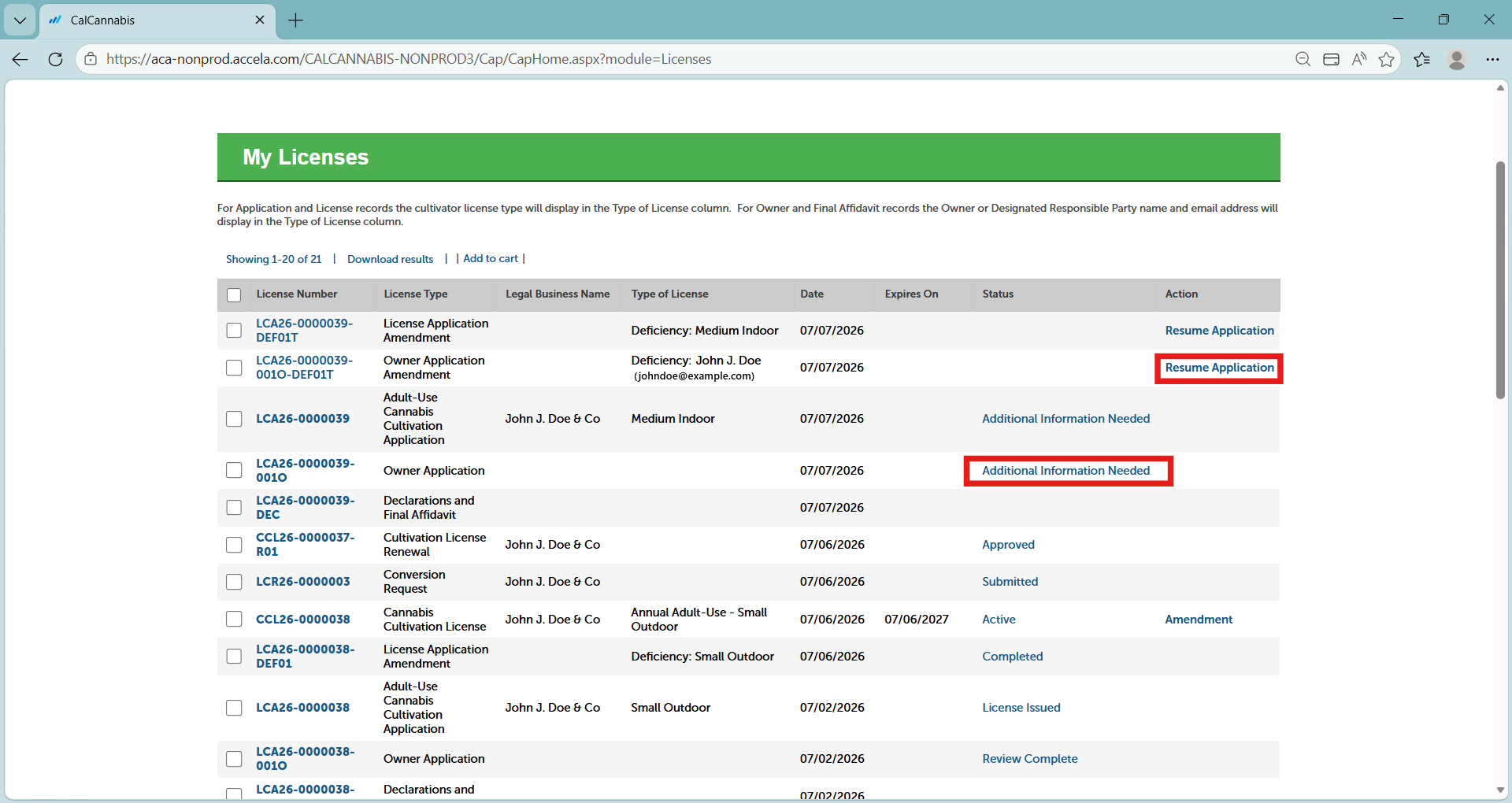 Screenshot of the My Licenses page showing a deficiency notification and a License Application Amendment with Resume App action
