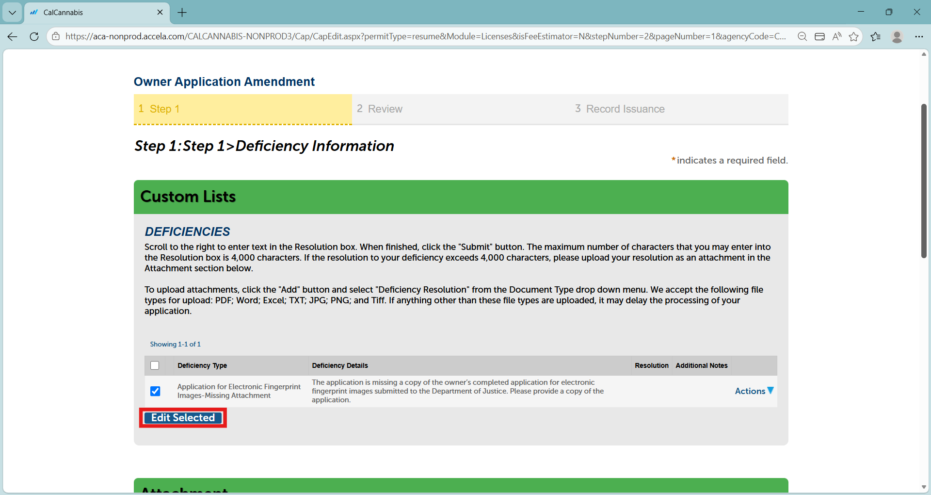 Owner application deficiency list with Edit Selected button