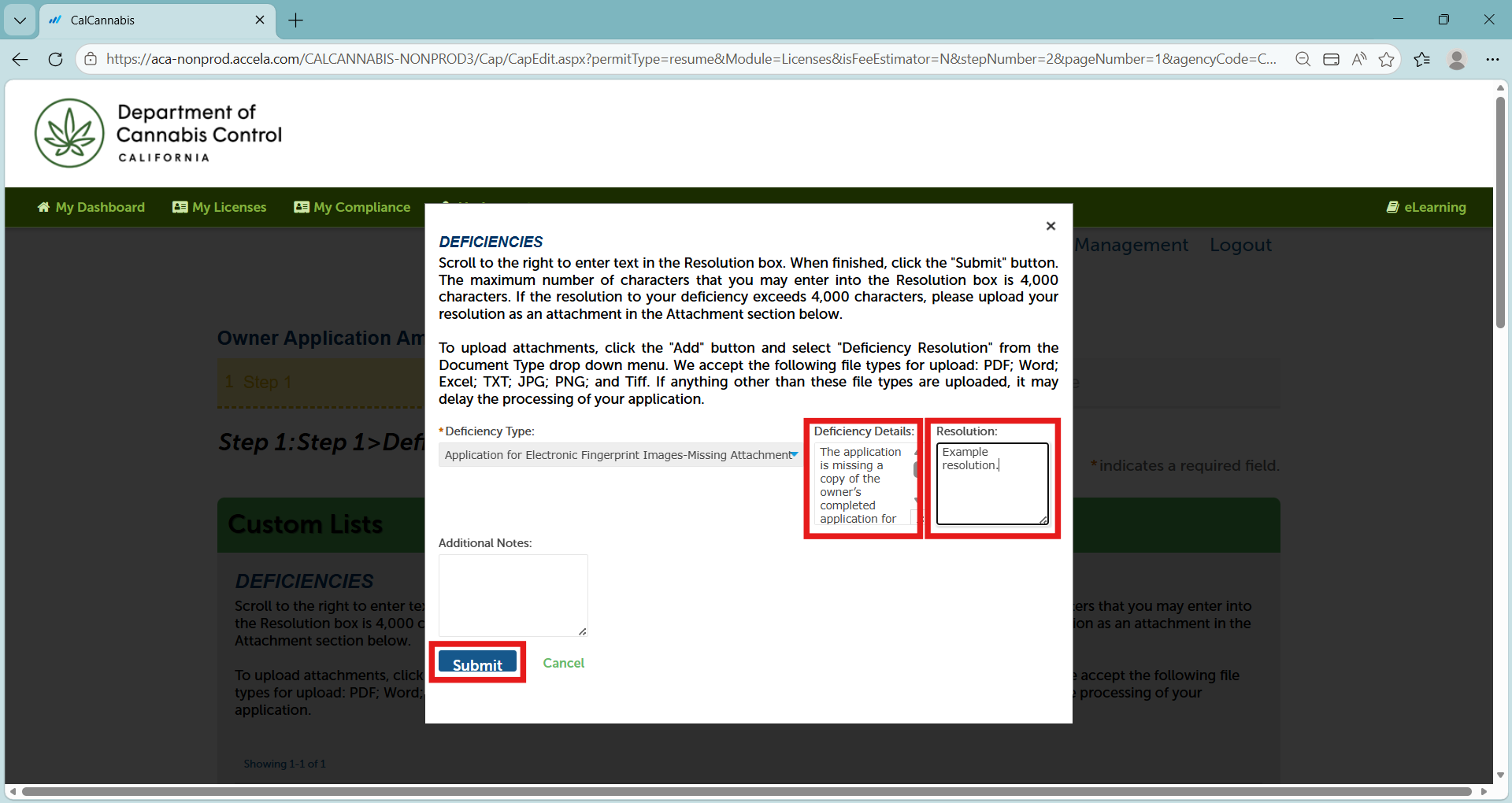 Deficiency response pop-up with Resolution box, attachment upload area, and Submit and Cancel buttons
