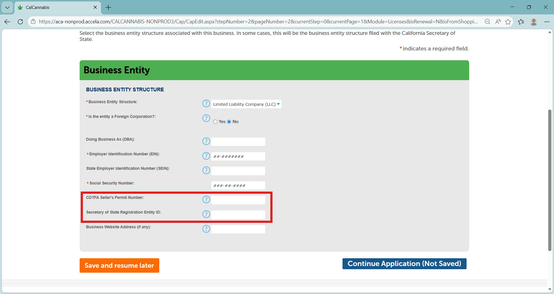 CDTFA seller’s permit number and Secretary of State registration entity ID fields