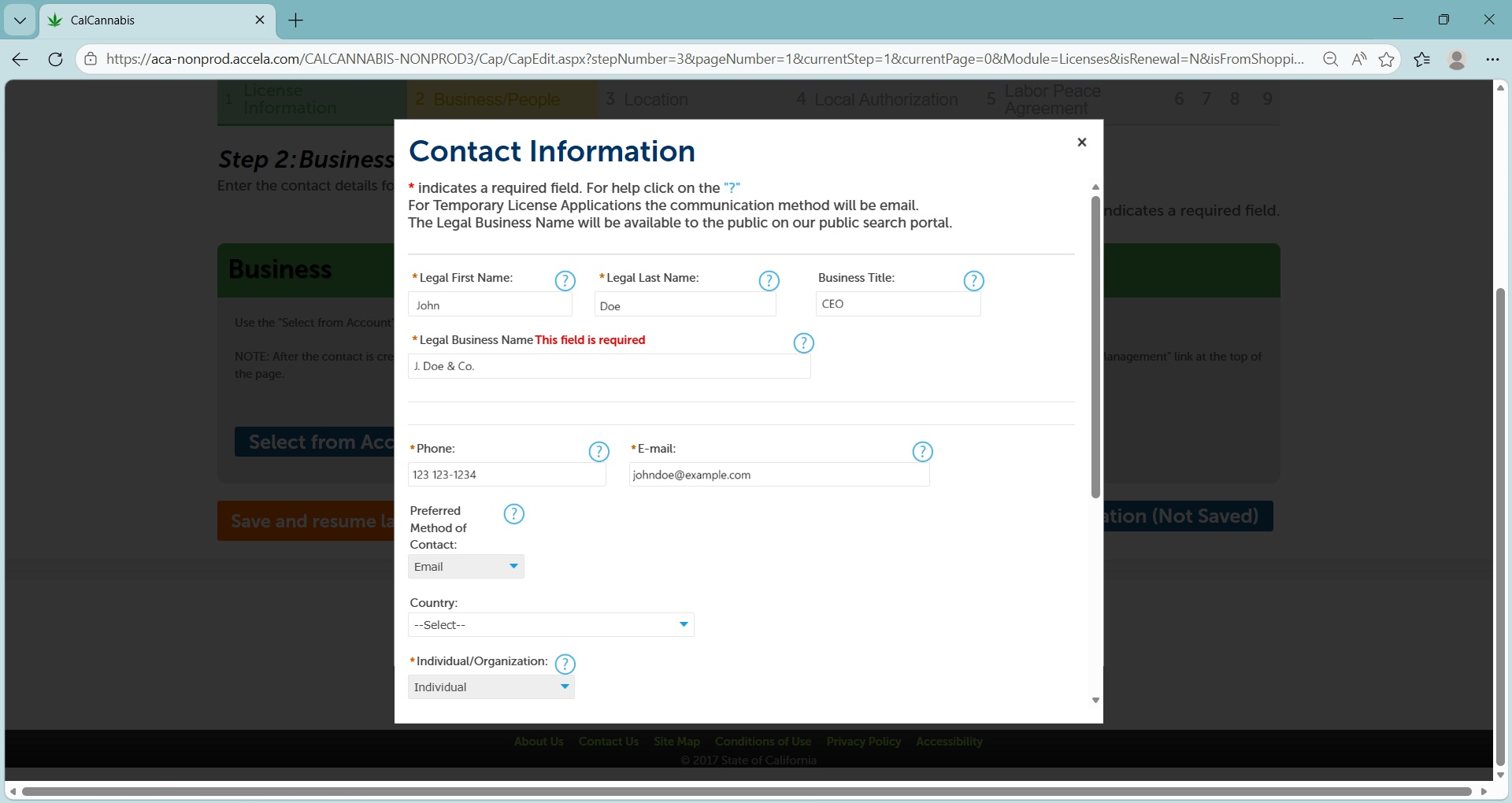 Contact information form with fields for name, business name, phone, email, address, and a Continue button