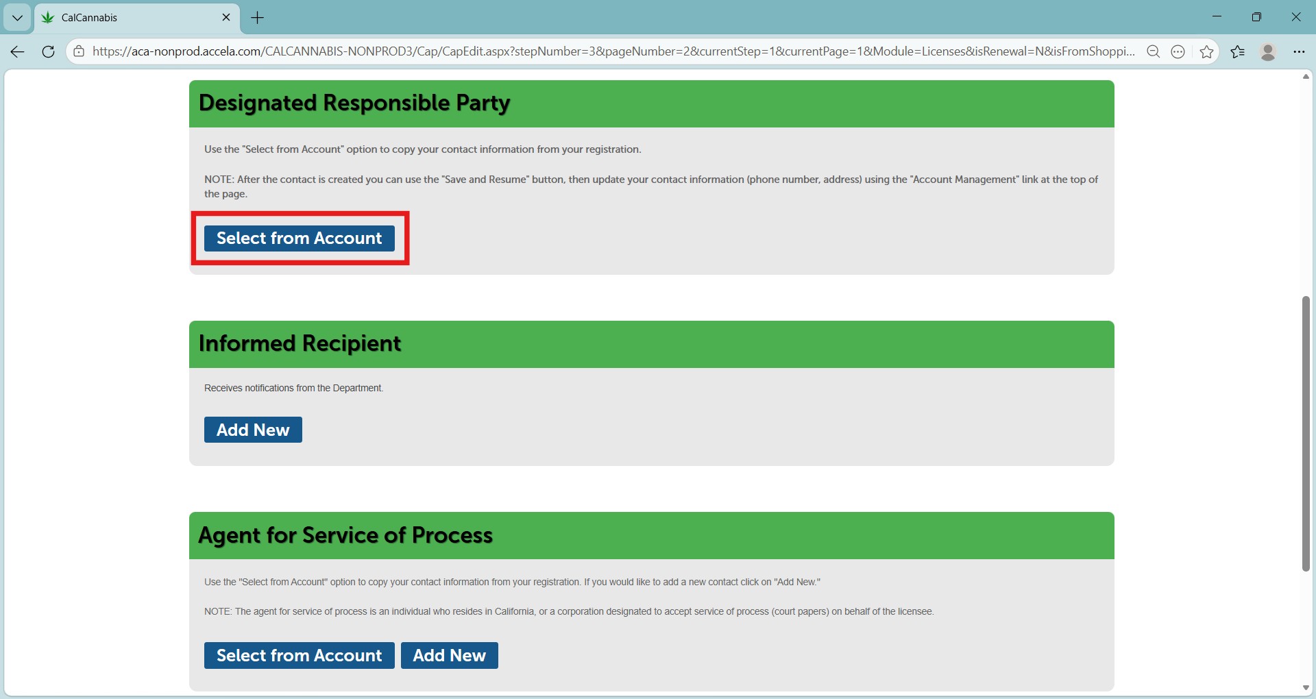 Click Select from Account to select a new Designated Responsible Party