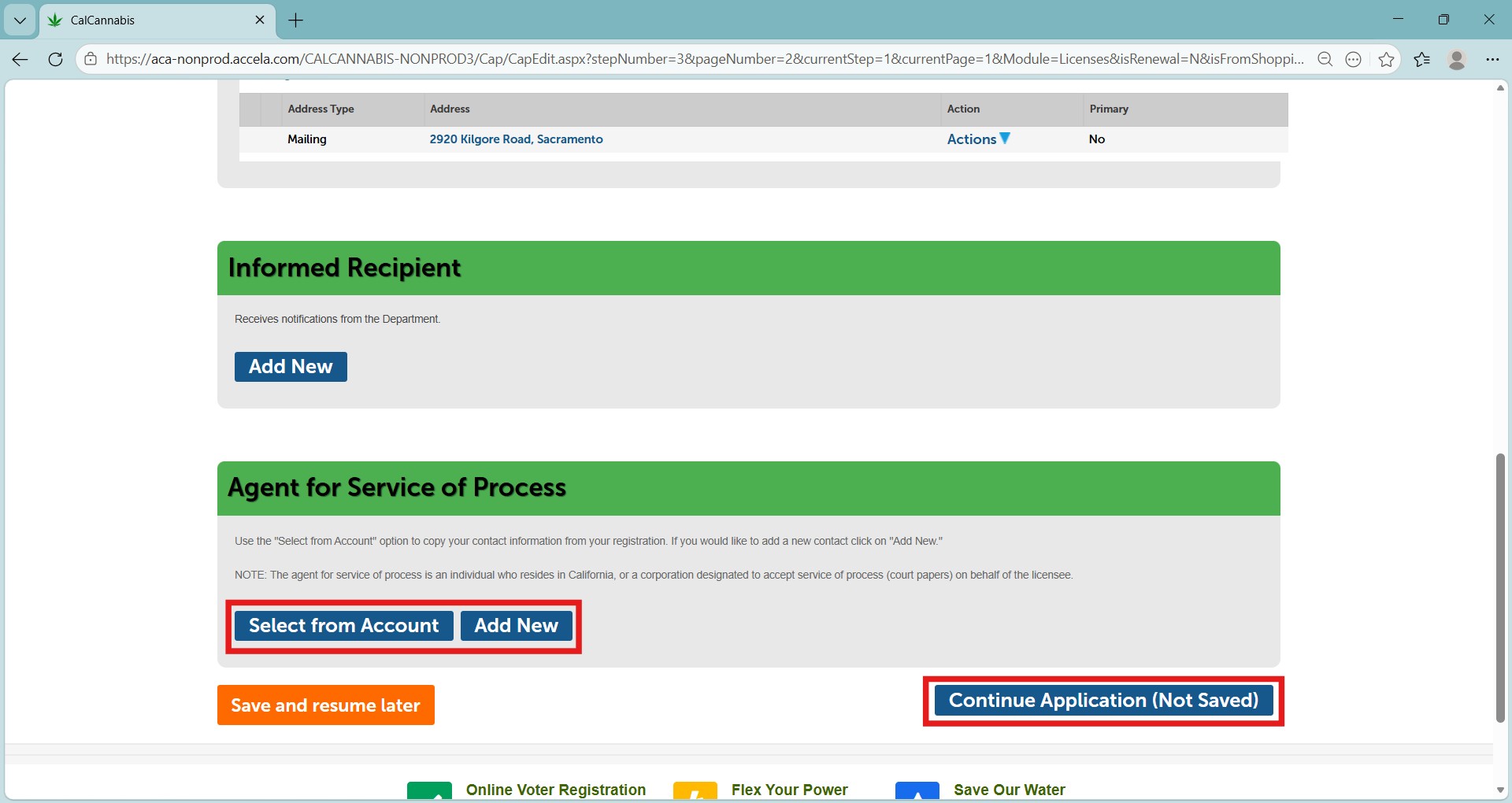 Select from Account or add new contact information for Agent for Service of Process