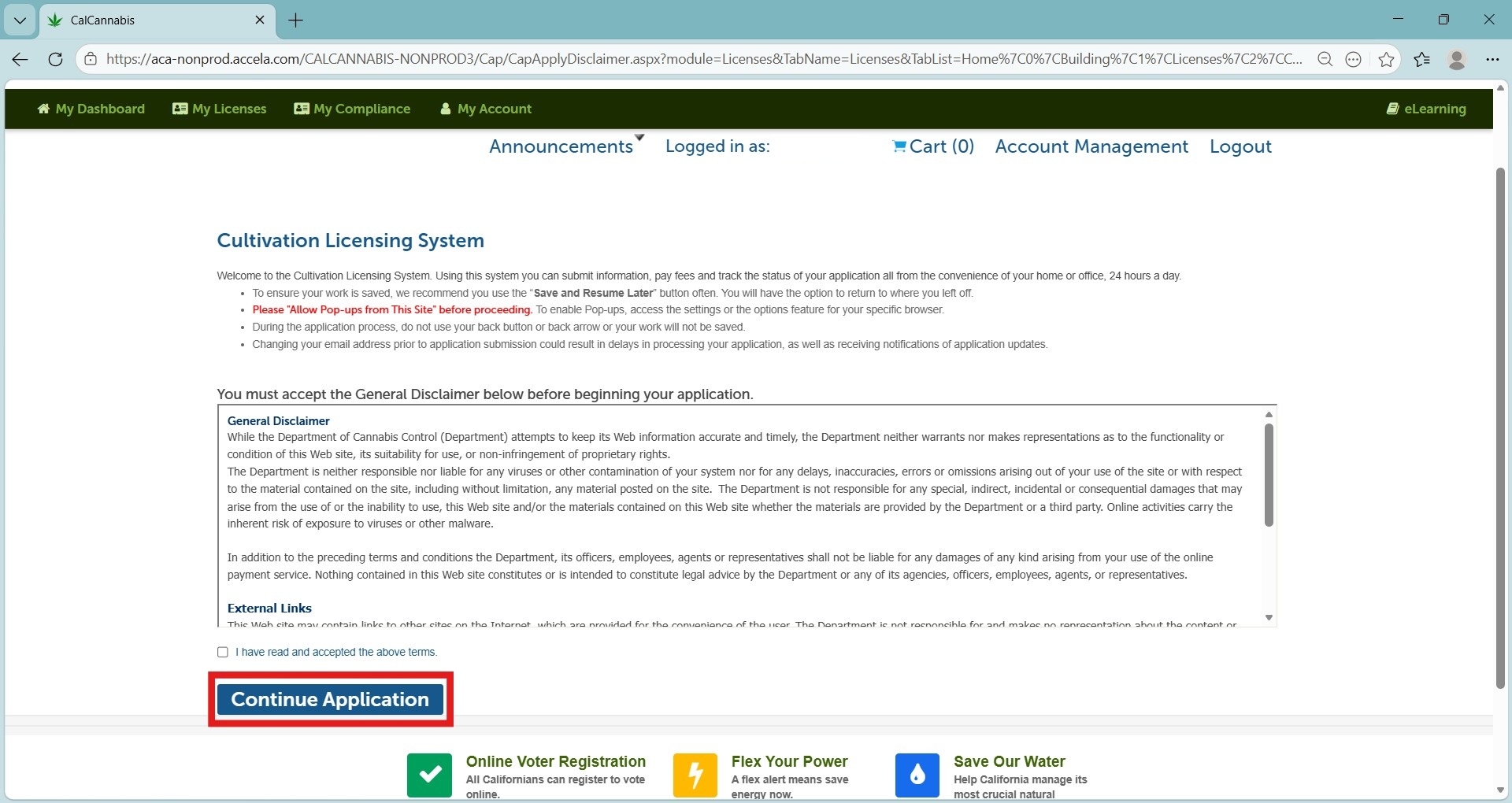General Disclaimer and terms acceptance checkbox before continuing application
