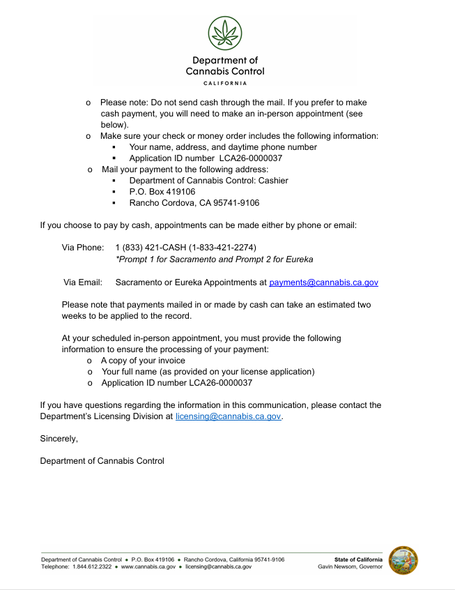 Instruction letter with payment options and mailing address for the application fee