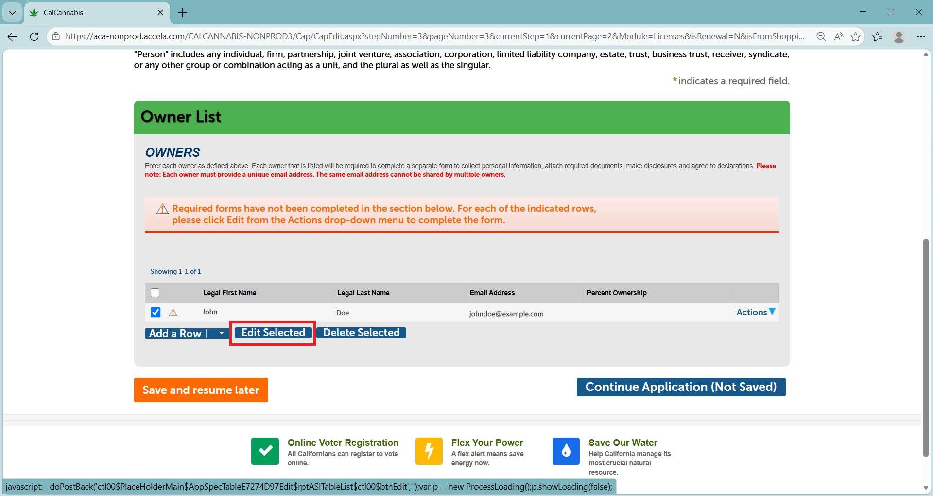Owner list table with Edit Selected and Delete Selected buttons for the designated responsible party row