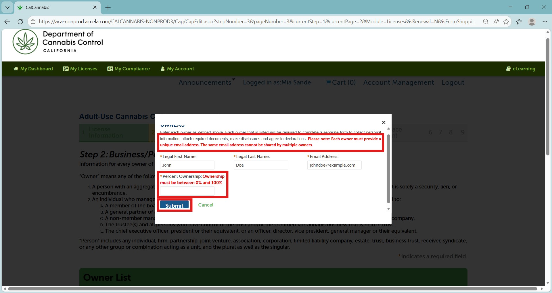 Owner percentage field and Submit button for the business owners list