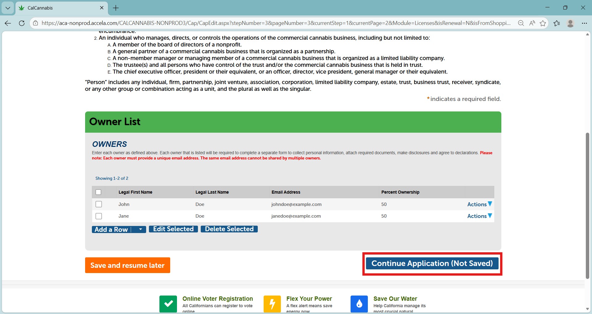 Owner list table with legal name, email address, percent ownership, and actions for each owner