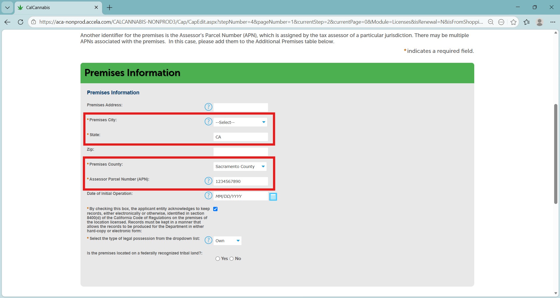 Screenshot of the Premises Information form showing required fields for city, county, and APN for a cultivation site