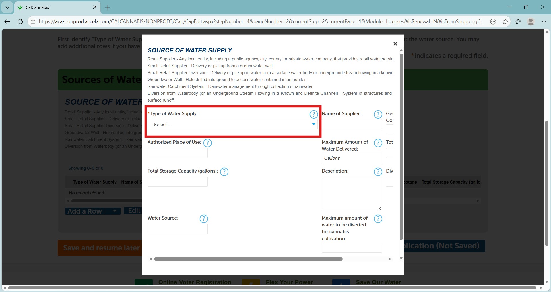 Select type of water supply and enter supplier, location, and capacity details