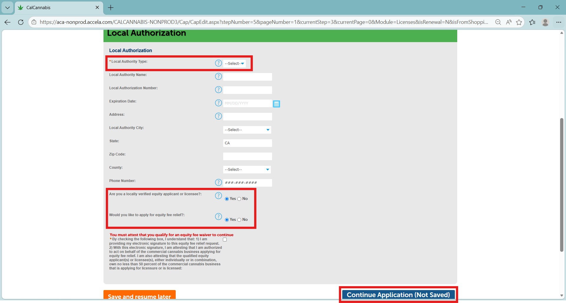 Local authorization form with city or county selection and equity waiver questions