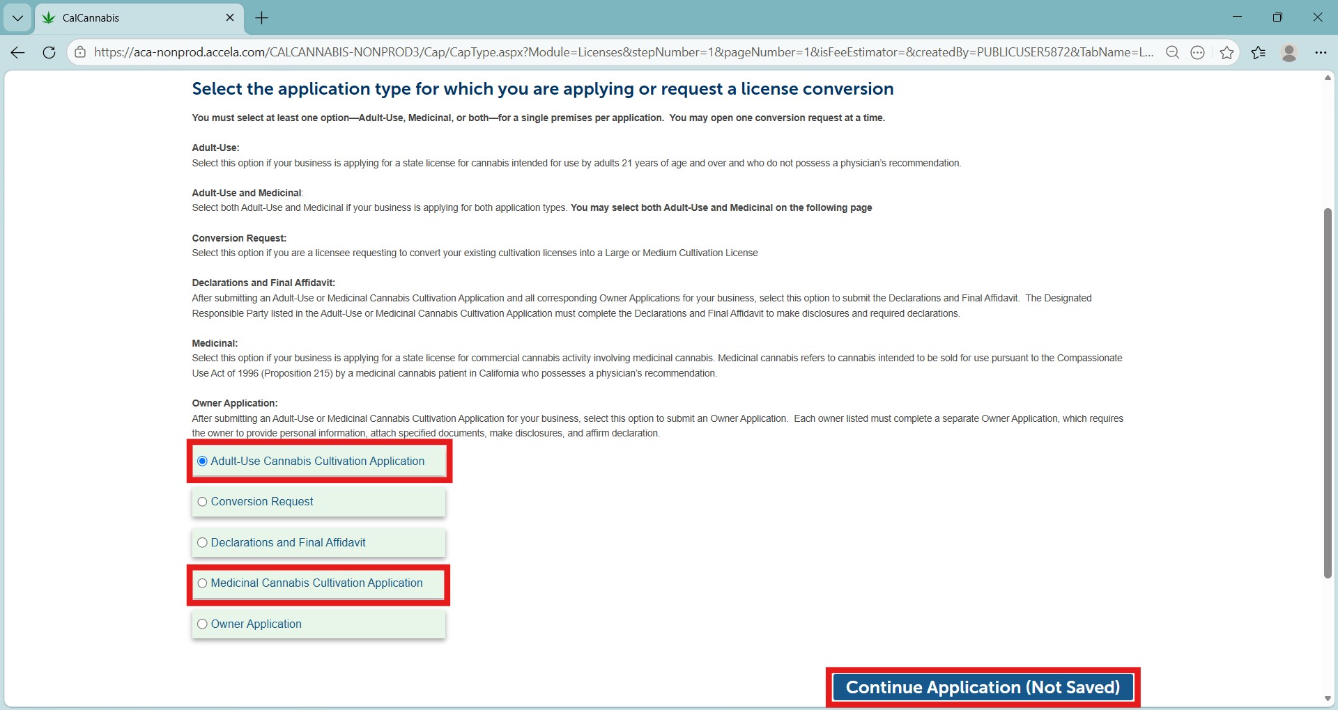 Select Adult-Use or Medicinal Cannabis Cultivation Application, then continue application