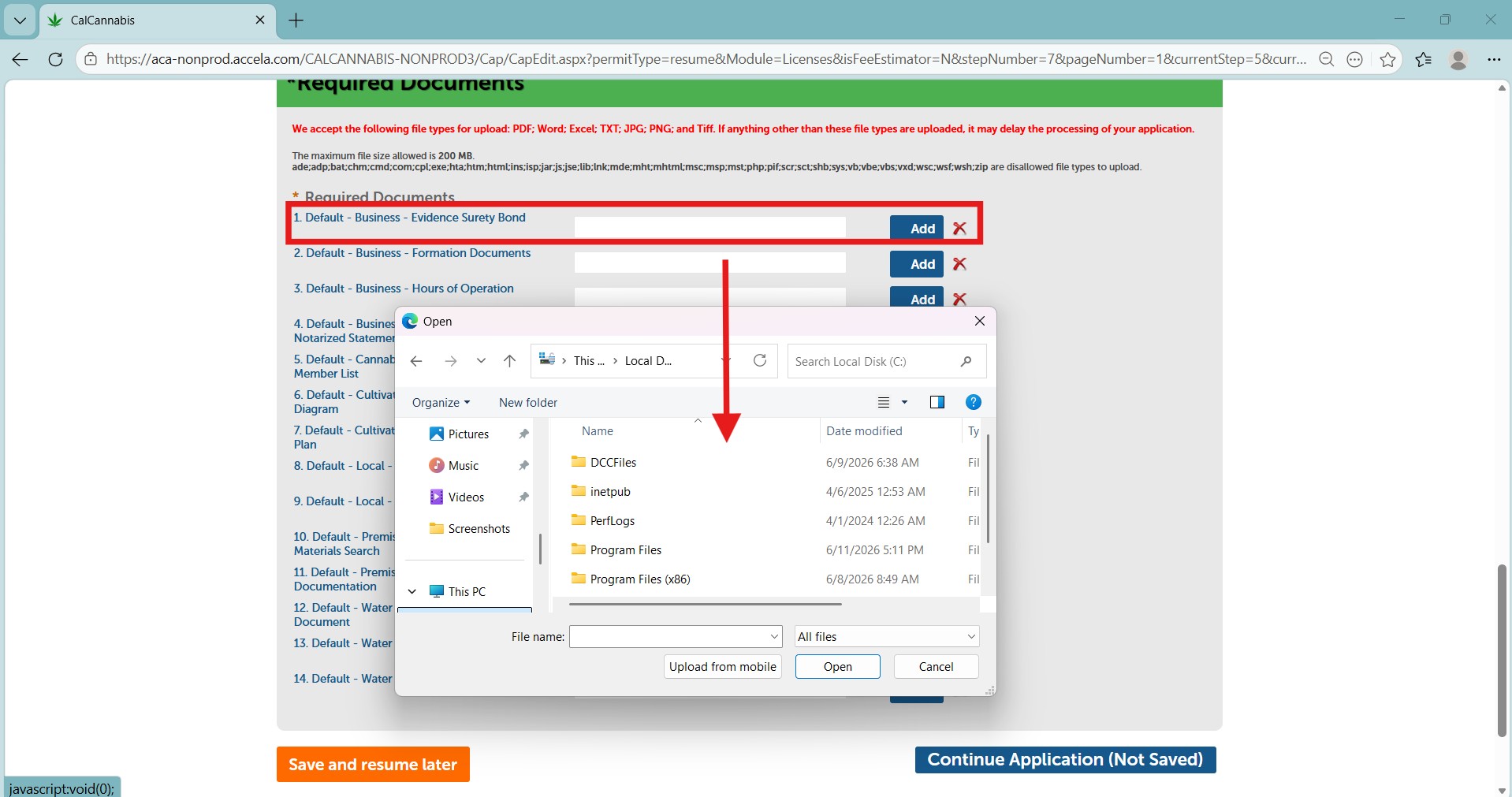 Required Documents section showing how to add and upload a file using the Add button
