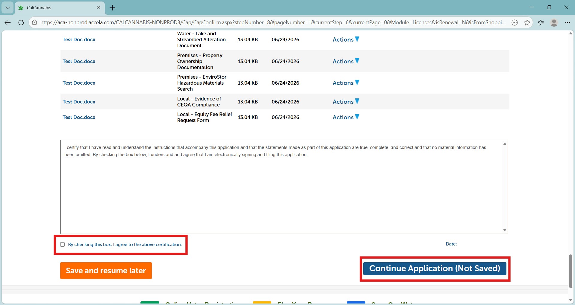 Application review screen with attestation checkbox and Continue Application button