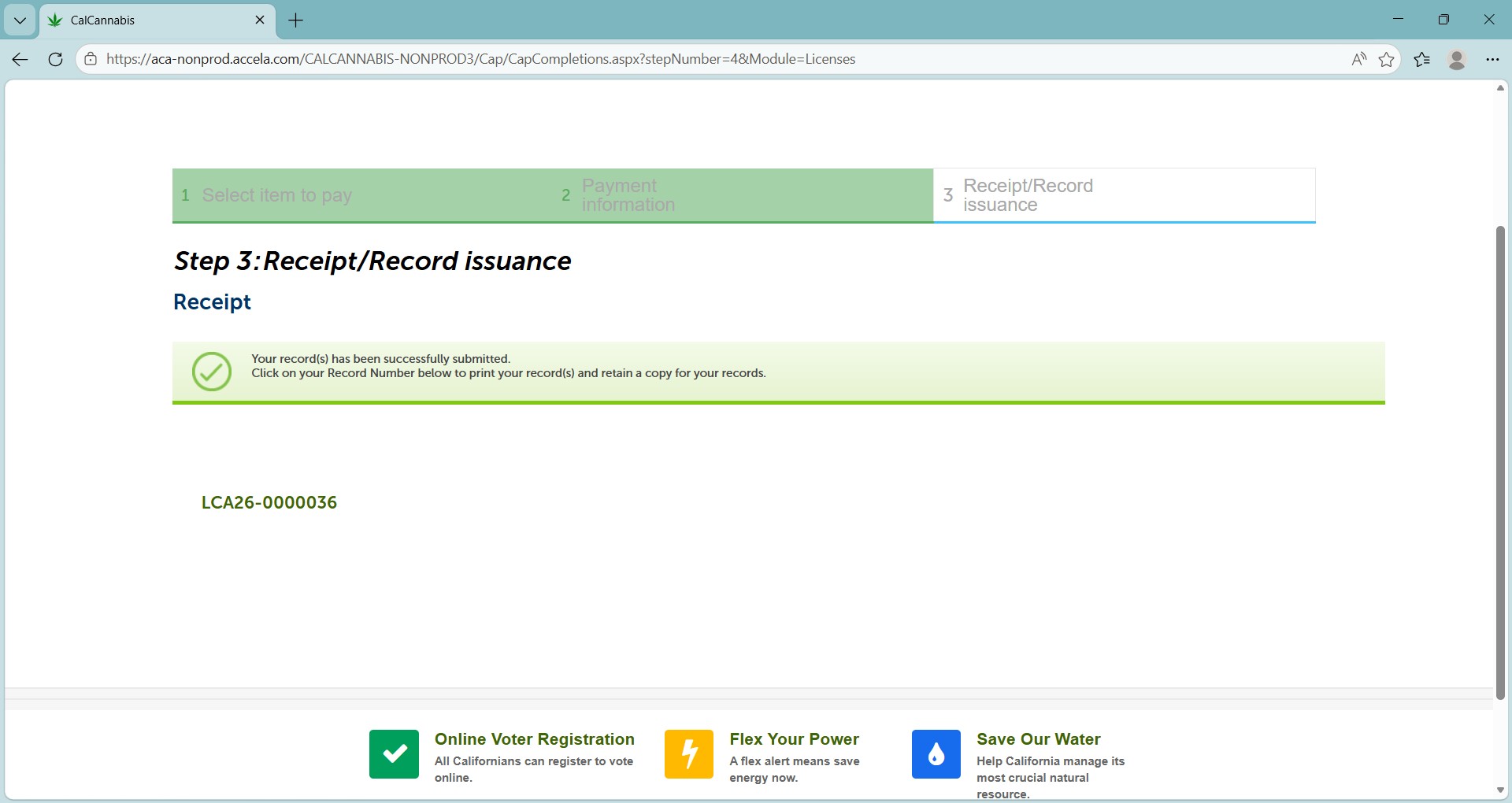 Application submitted successfully; print or save the application record number for your records