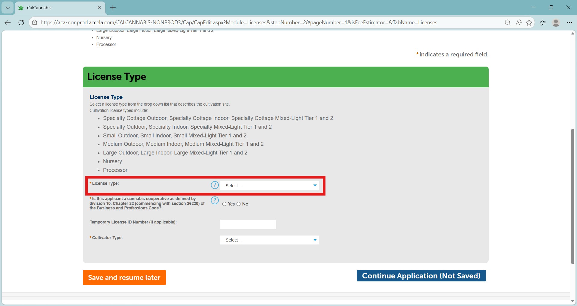 Select the cultivation license type from the dropdown