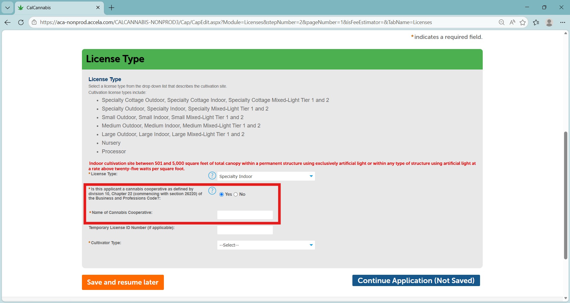 Check Yes or No to indicate whether the business is part of a cooperative; if yes, enter the cooperative name
