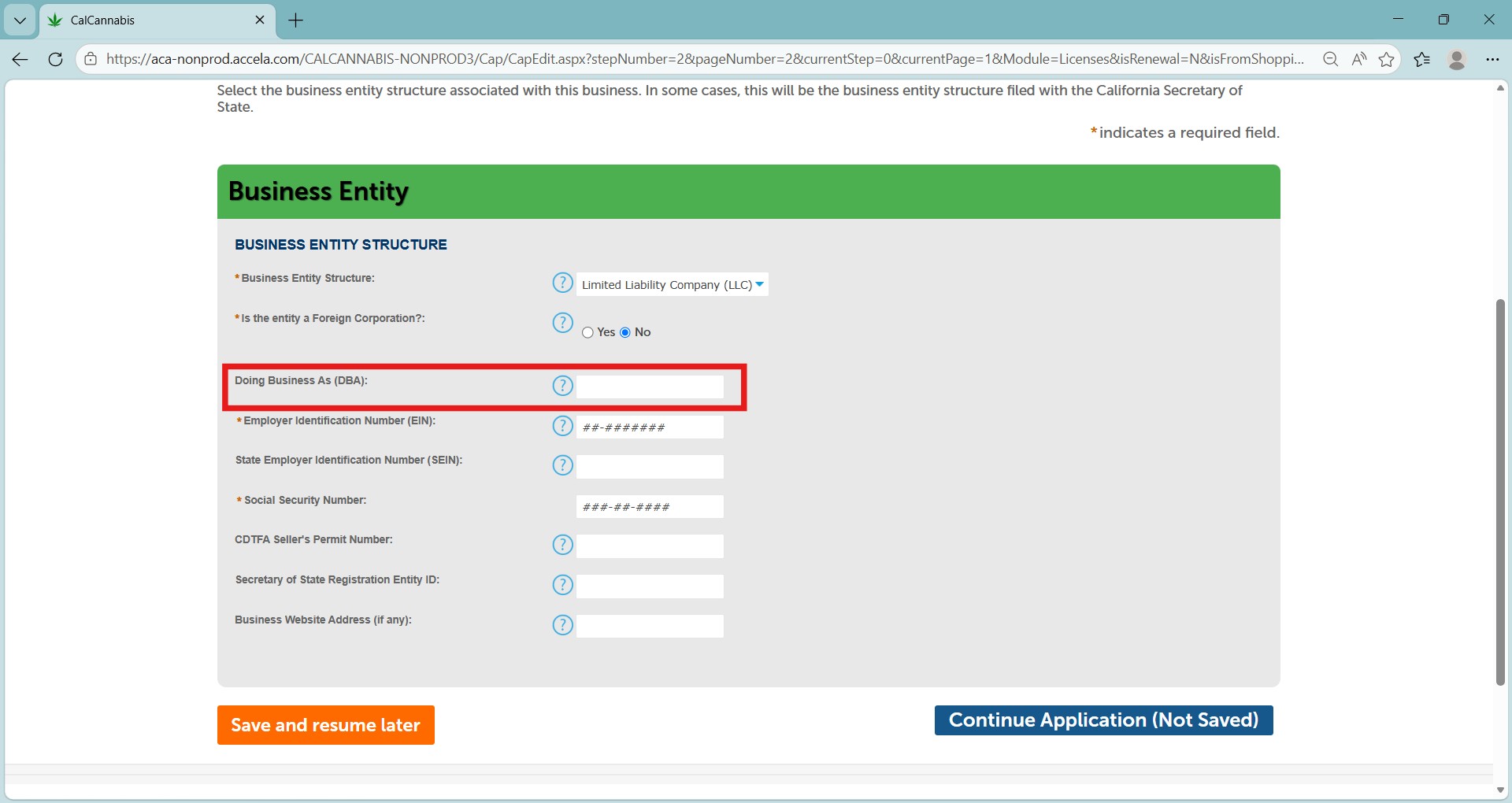 Doing Business As (DBA) field