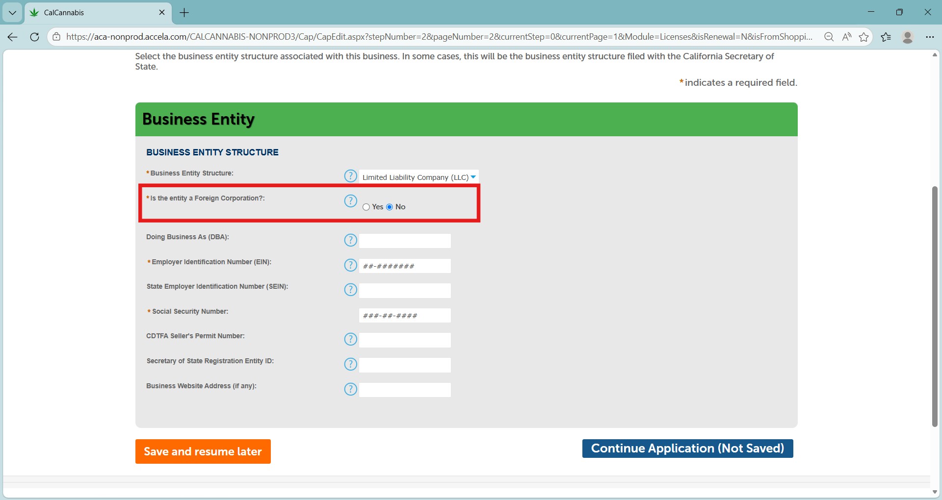 Indicate whether the business is a foreign corporation by selecting Yes or No