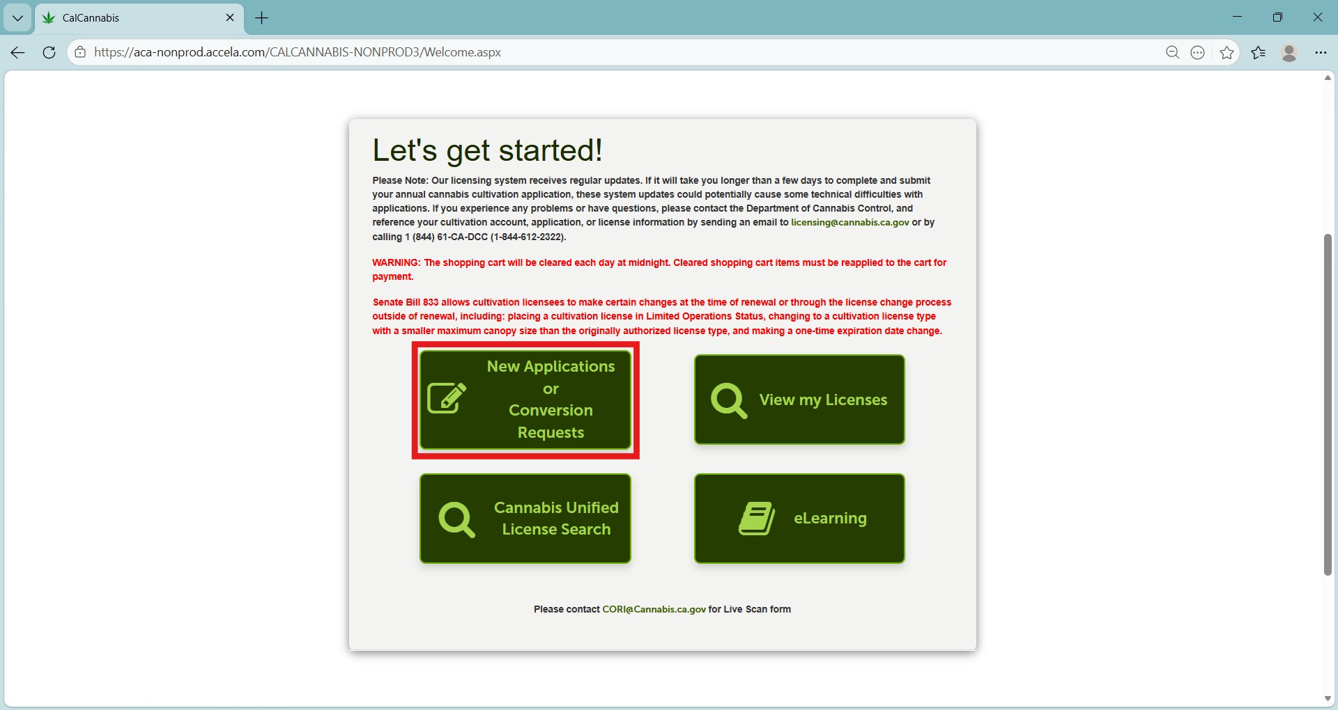 My Dashboard screen with New Applications or Conversion Requests button