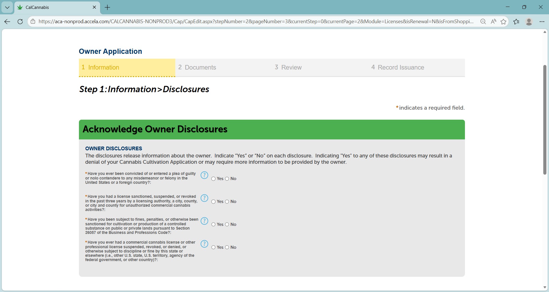 Acknowledge owner disclosures: answer Yes or No to each disclosure question