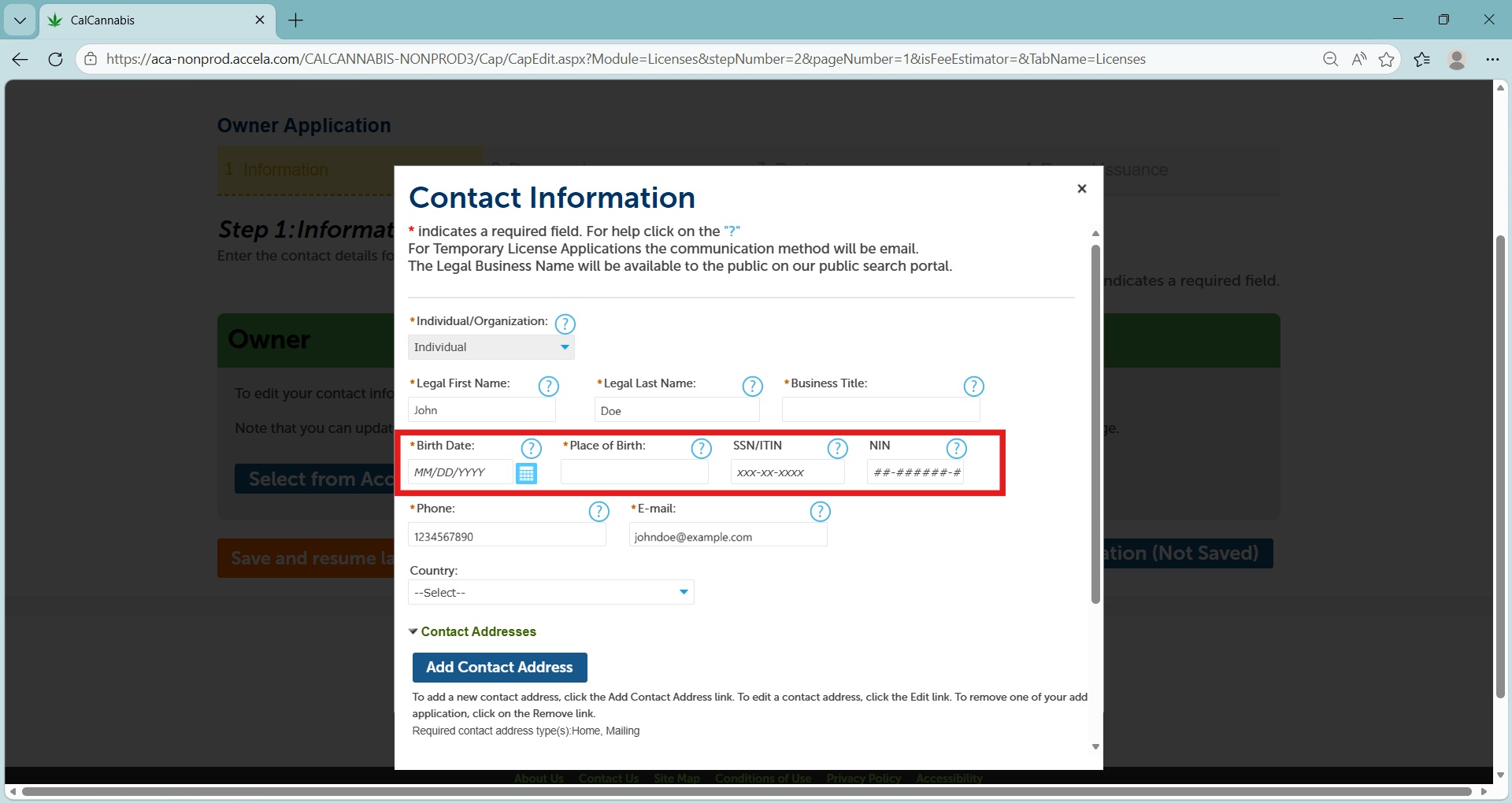 Birthdate, place of birth, and SSN/ITIN/NIN fields in the contact information form