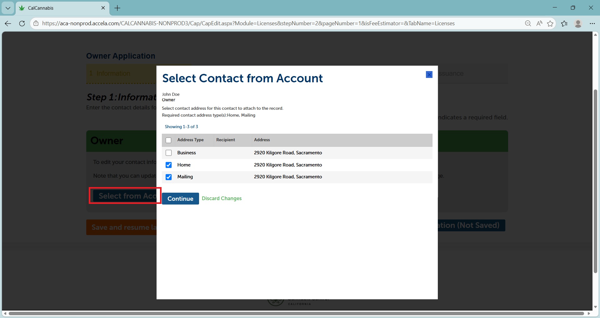 Select contact from account to prefill owner contact information