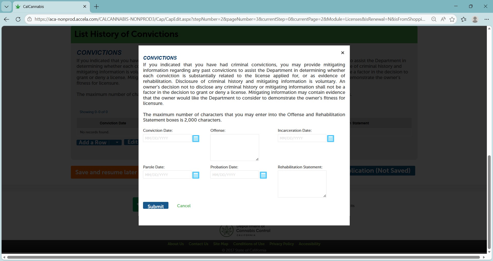Convictions form with fields for offense, incarceration date, parole date, probation date, and rehabilitation statement