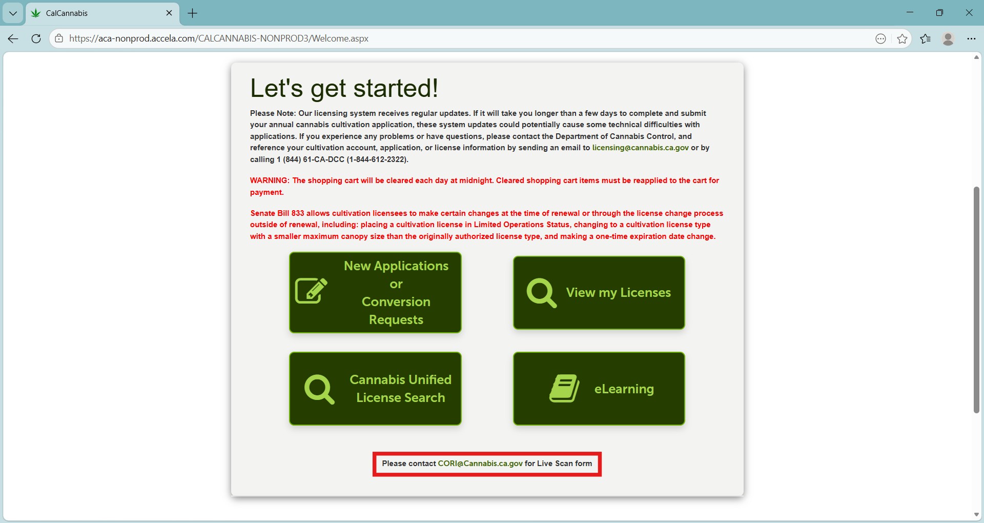 Screenshot of the CLS home page with buttons for New Applications or Conversion Requests, View my Licenses, Cannabis Unified License Search, and eLearning